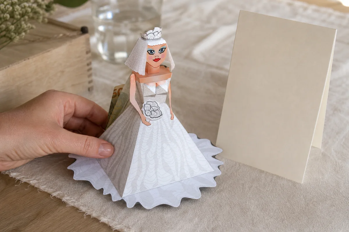 Die fertige Papierbraut steht mit einem Geldschein neben einer Hochzeitskarte